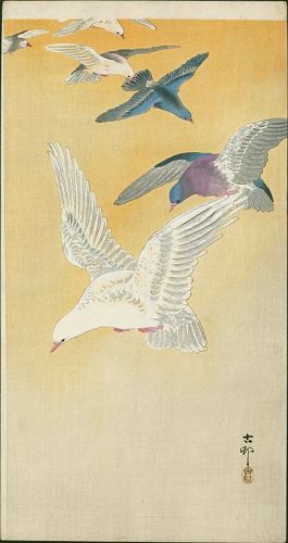Ohara Koson Woodblock Print - Six Pigeons in Orange Sky RARE SOLD