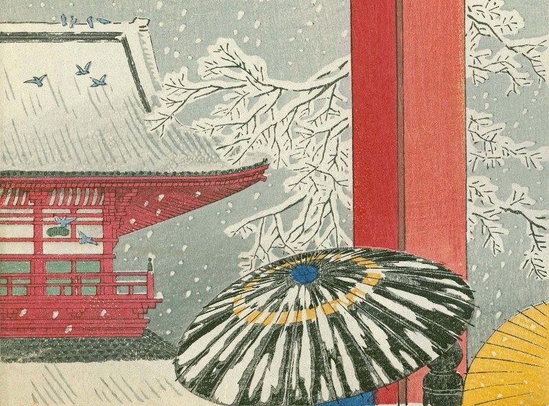 Takahashi Shotei Woodblock Print - Snow at Asakusa Kannon-do SOLD