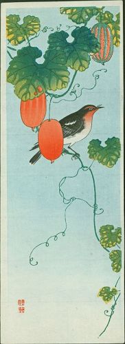 Ohara Koson (Shoson) Woodblock Print - Flycatcher and Cucumber SOLD