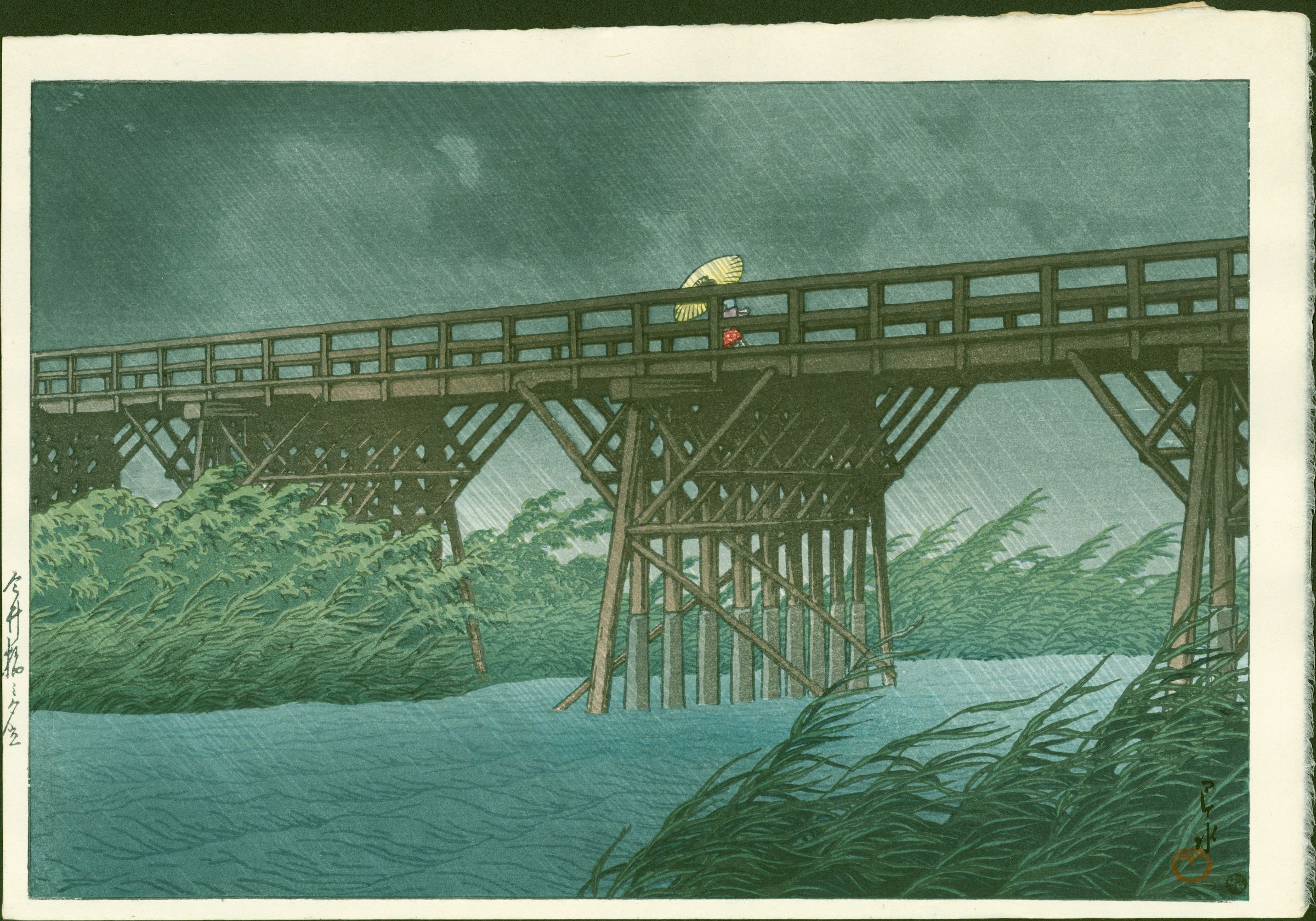 Hasui Kawase Japanese Woodblock Print - Shower at Imai Bridge SOLD