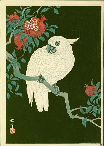 Ohara Shoson (Koson) Woodblock Print - Cockatoo & Pomegranate SOLD