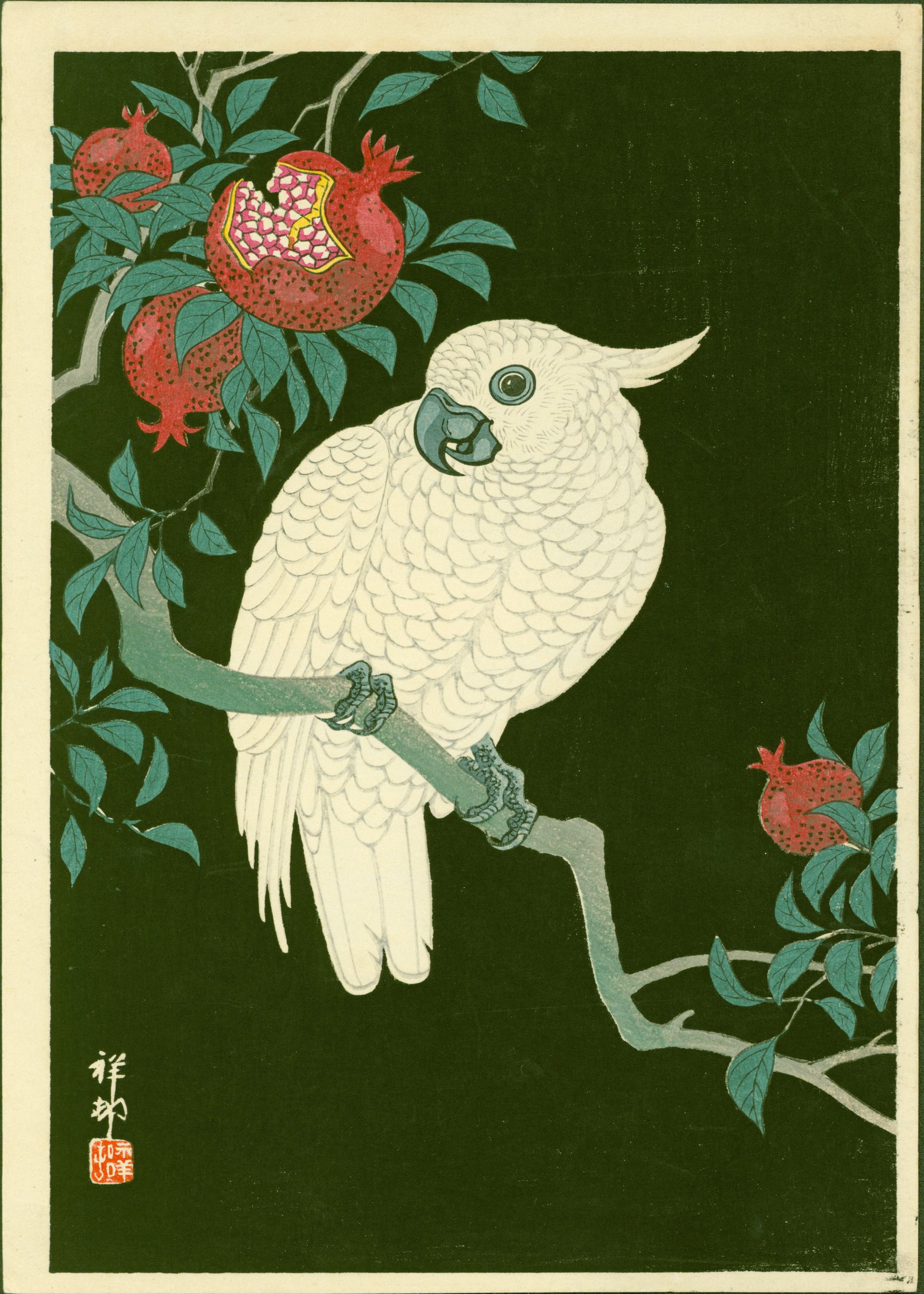 Ohara Shoson (Koson) Woodblock Print - Cockatoo &amp; Pomegranate SOLD