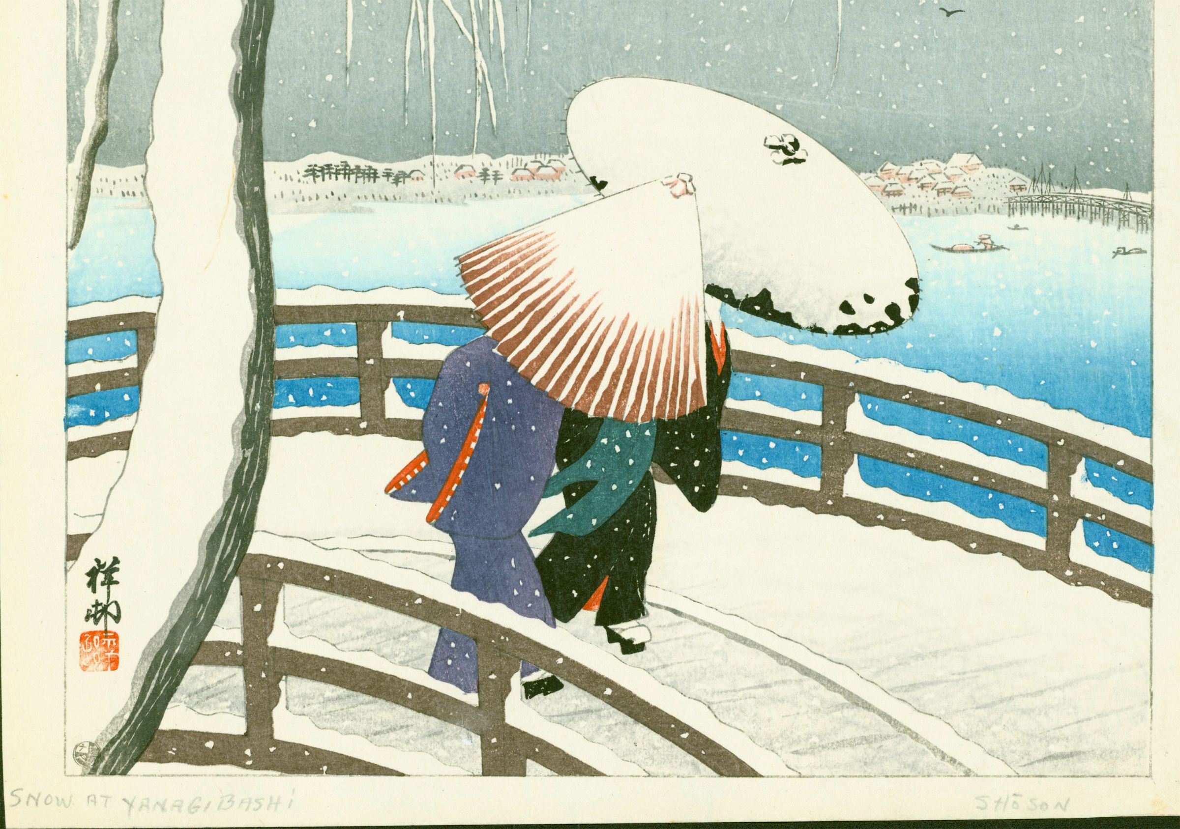 Ohara Koson Japanese Woodblock Print - Snow On Willow Bridge SOLD
