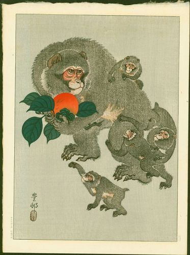 Ohara Koson (Hoson) Woodblock Print -  Monkeys and Persimmon SOLD