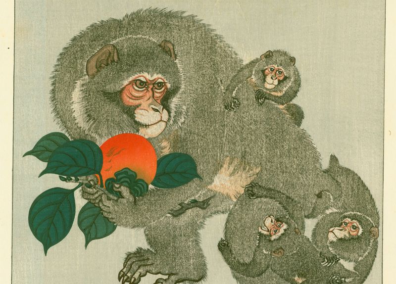 Ohara Koson (Hoson) Woodblock Print -  Monkeys and Persimmon SOLD