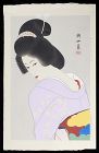 Jinbo Tomoyo Japanese Woodblock Print - Bijin in Lavender Kimono