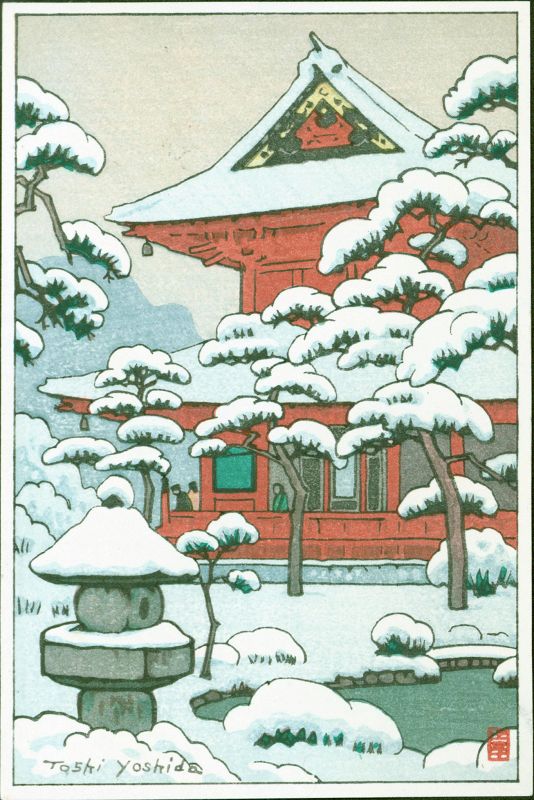 Toshi Yoshida Japanese Woodblock Print - Snowy Red Temple - rare