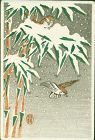 Ohara Koson Miniature Woodblock Print - Sparrows in Snow Rare SOLD