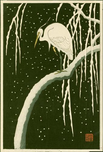 Ohara Koson (Shoson) Woodblock Print - Egret on Snowy Branch SOLD