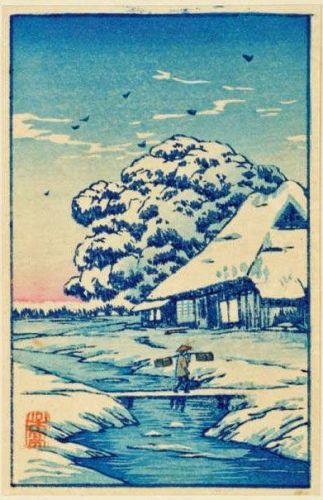 Takahashi Shotei Miniature Woodblock Print - House After Snow SOLD