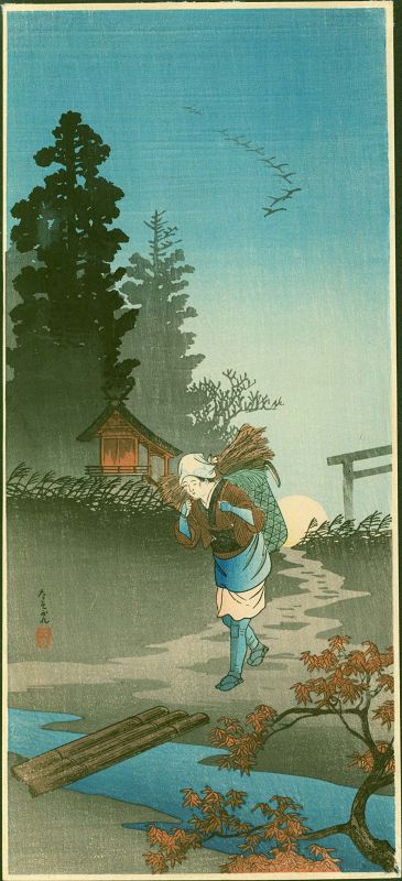 Takahashi Shotei Japanese Woodblock Print - Woman Returning in Evening