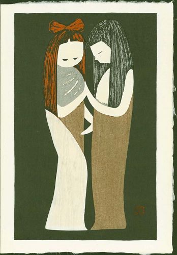 Kaoru Kawano Japanese Woodblock Print - Two Girls