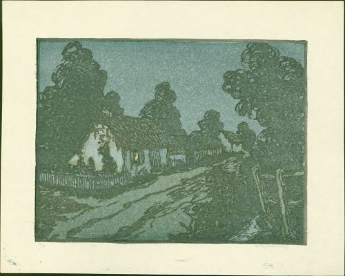 Andrew Kay Womrath Woodblock Print -Cottage and Lane at Night SOLD