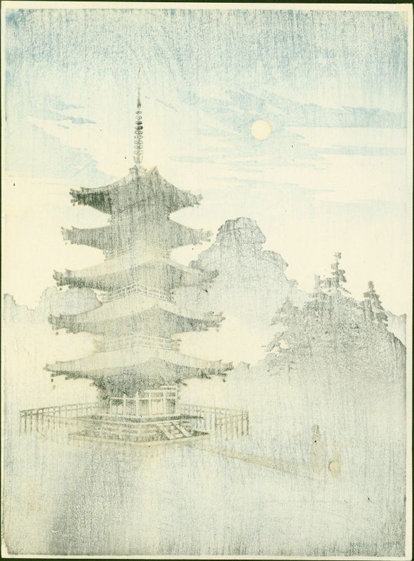 Eijiro Japanese Woodblock Print - Pagoda by Moonlight - Hasegawa Night