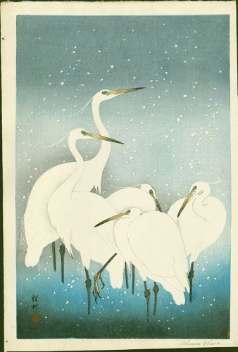 Ohara Shoson (Koson) Woodblock Print - Egrets On Snowy Night SOLD