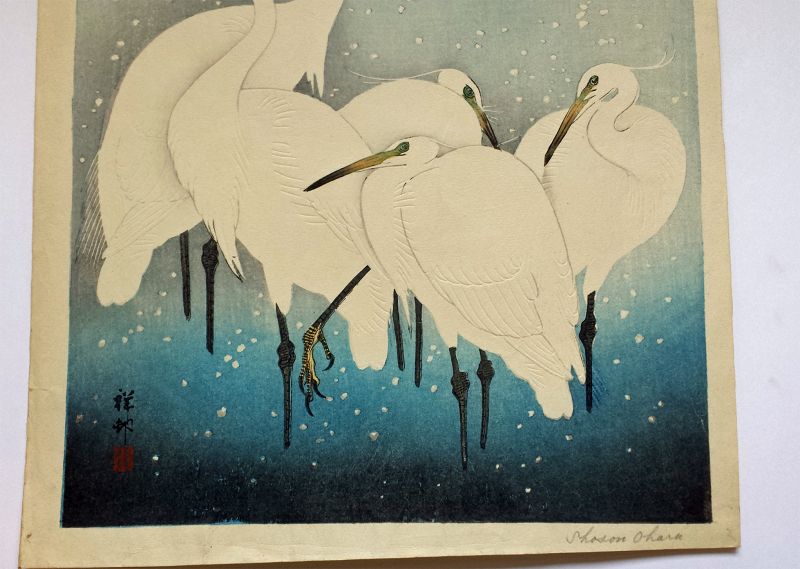 Ohara Shoson (Koson) Woodblock Print - Egrets On Snowy Night SOLD