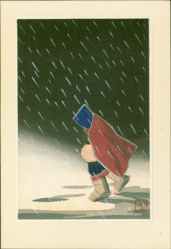 Kikuchi Yuichi Japanese Woodblock Print - Walking in Snow SOLD