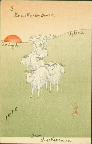 Goats at Sunset Japanese Woodblock Print - Shimbi Shoin Postcard Rare