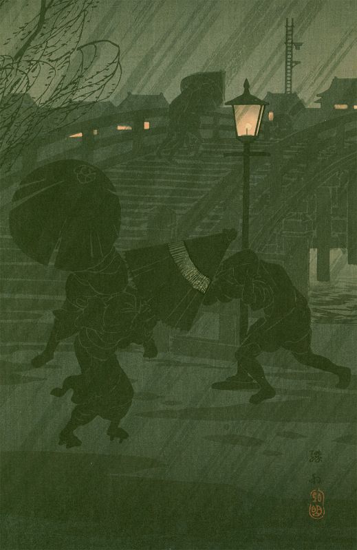 Takahashi Shotei Japanese Woodblock Print- Sudden Night Rain at Bridge