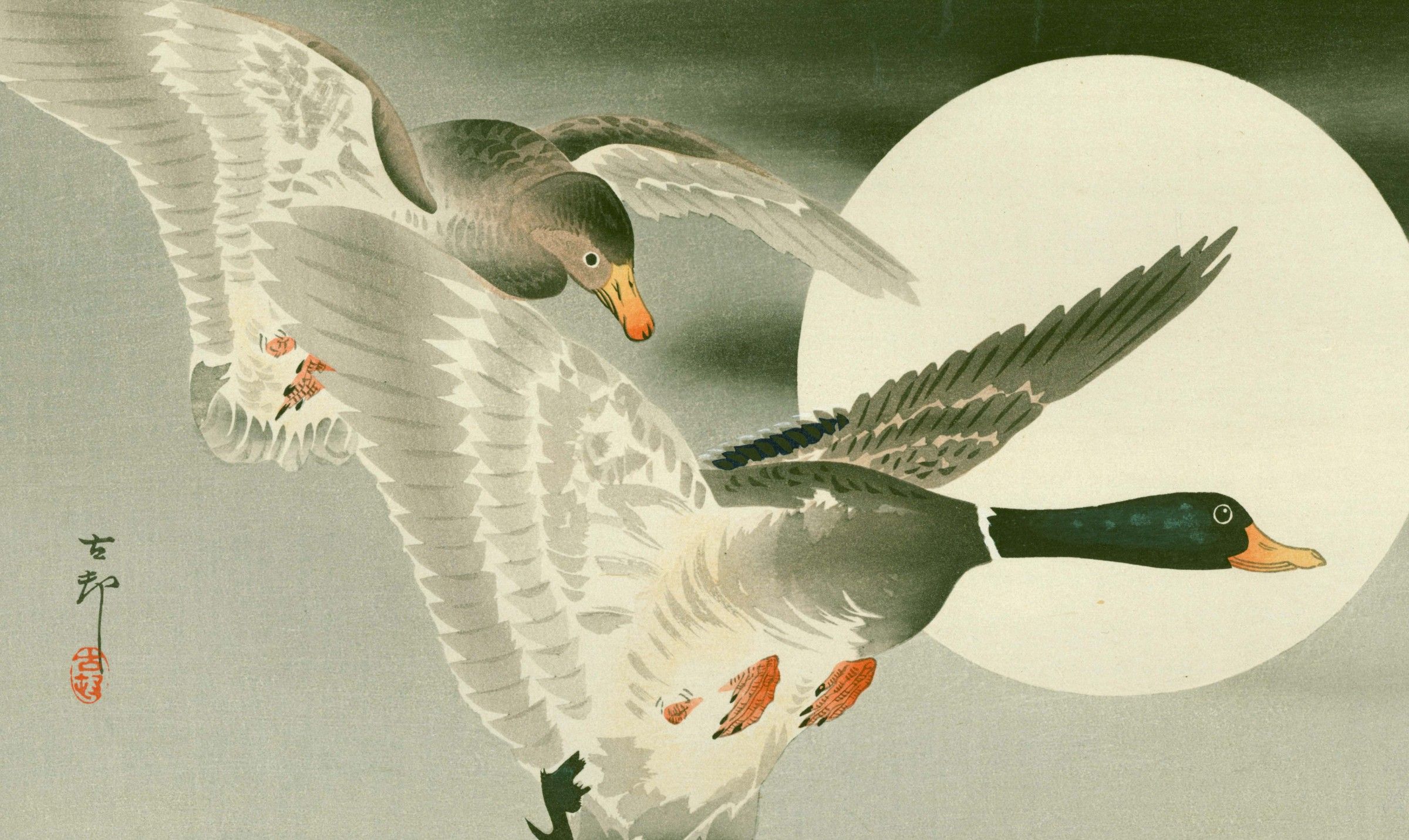 Ohara Koson Japanese Woodblock Print - Mallards in Flight and Moon