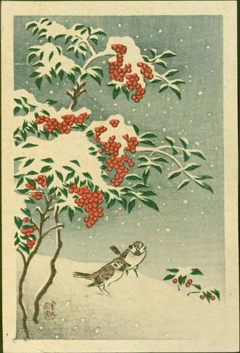 Ohara Koson (Shoson) Japanese Woodblock Print - Sparrows and Nandin