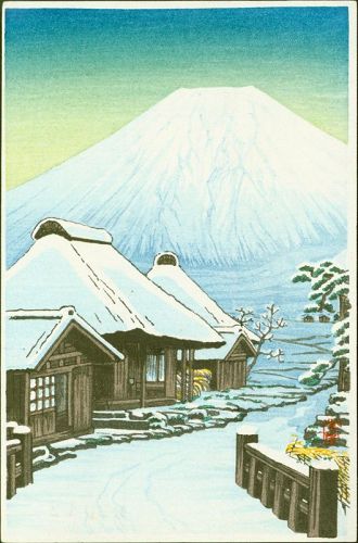 Shien Japanese Woodblock Print - Mount Fuji with Snowy Village