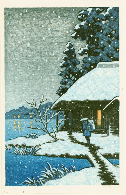 Japanese Woodblock Print - Snowy House with Walking Figure SOLD