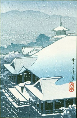Kawase Hasui Woodblock Print - Bird's Eye View of Temple Snow SOLD