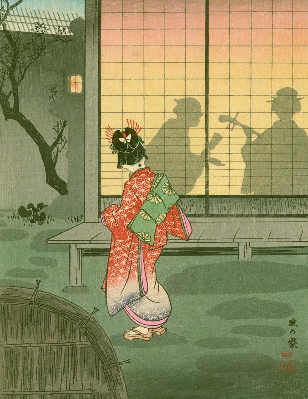 Takahashi Shotei Japanese Woodblock Print - Teahouse in the Night