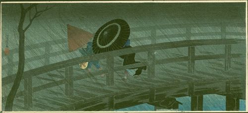 Takahashi Shotei Woodblock Print - Night Shower Izumi Bridge SOLD