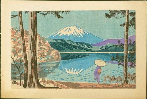 Takeji Asano Woodblock Print - Woman and Mt. Fuji with Lake SOLD