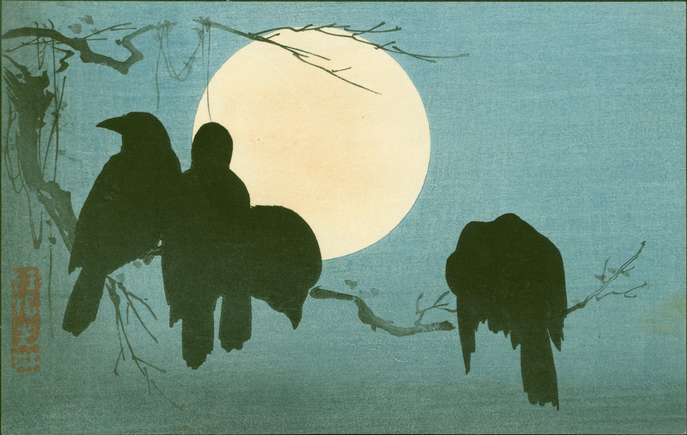 Ogata Korin Japanese Woodblock Print - Crows and Moon