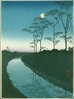 Shoda Koho Woodblock Print - Country Scene With Moon (Canal) (1)