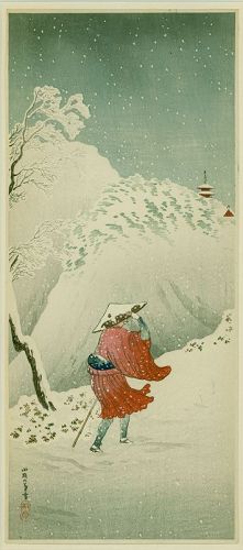 Takahashi Shotei Woodblock Print - Priest in Snow -Framed SOLD