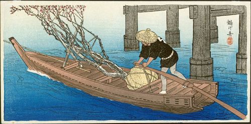 Shotei Japanese Woodblock Print- Plum Tree in Boat Pre-1923 Earthquake
