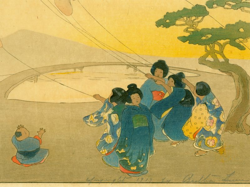 Bertha Lum Japanese Woodblock Print - Children Flying Kites 1912