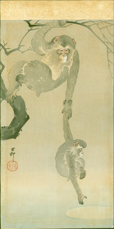 Ohara Koson Woodblock Print - Monkey and Baby - Moon Reflection RARE