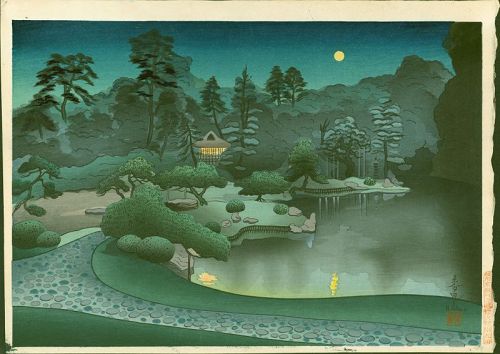 Ohno Bakufu Japanese Woodblock Print - Teahouse in Moonlight