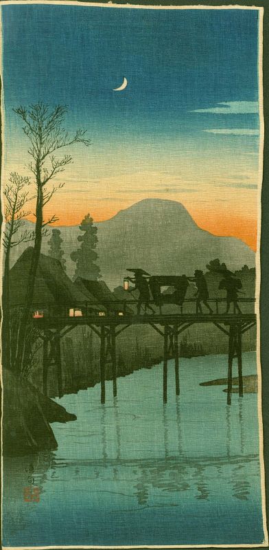 Takahashi Shotei Woodblock Print - Evening Glow Sakawa Bridge - SOLD