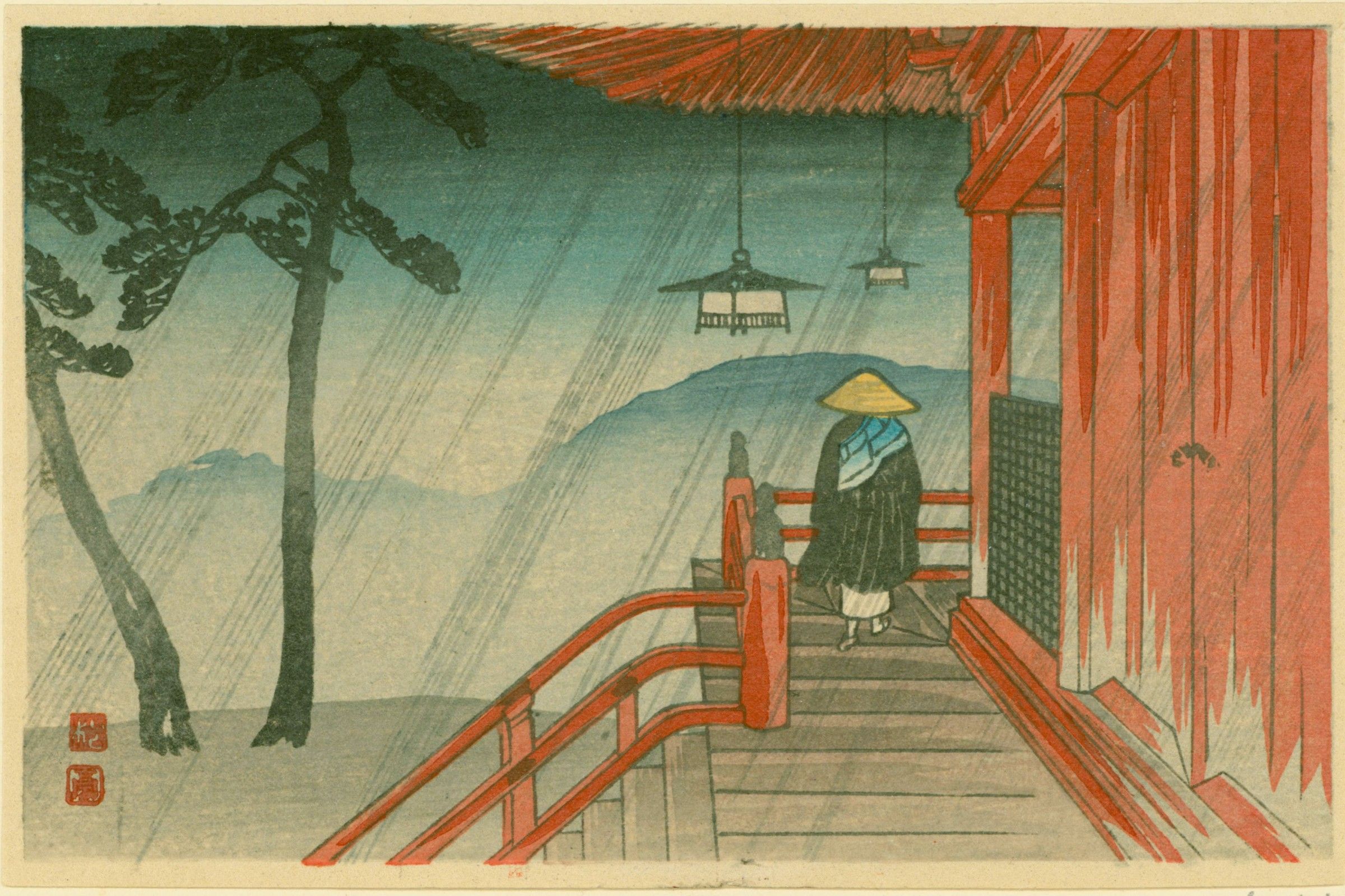 Takahashi Shotei Japanese Woodblock Print - Priest at Temple in Rain