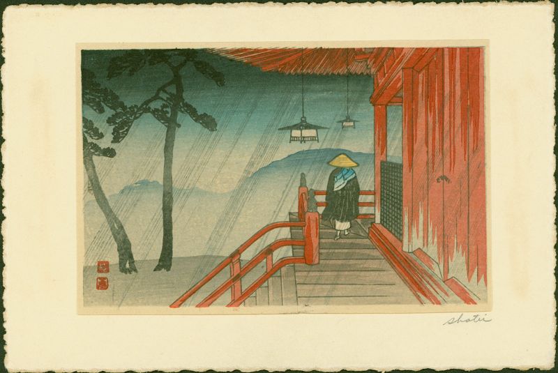 Takahashi Shotei Woodblock Print - Priest at Temple in Rain SOLD