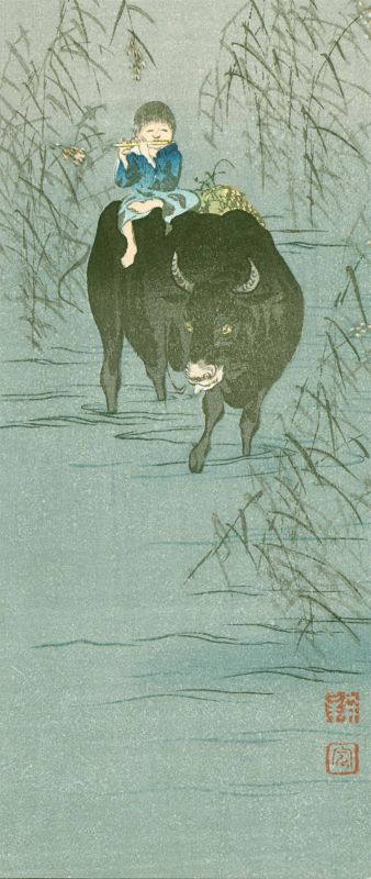 Shoda Koho Japanese Woodblock Print - Boy and Ox in Moonlight