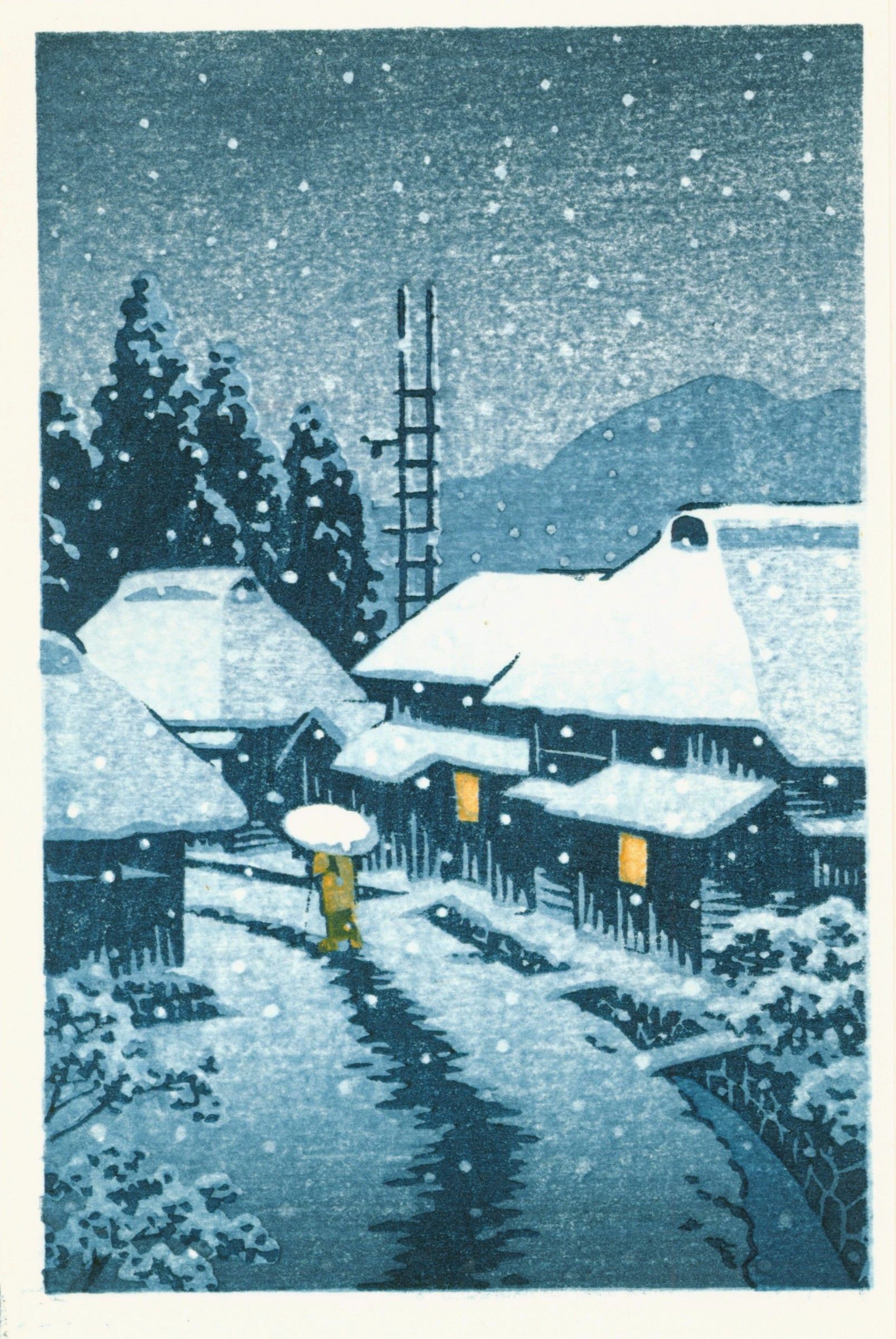 Kawase Hasui Japanese Woodblock Print - Evening Snow at Terajima