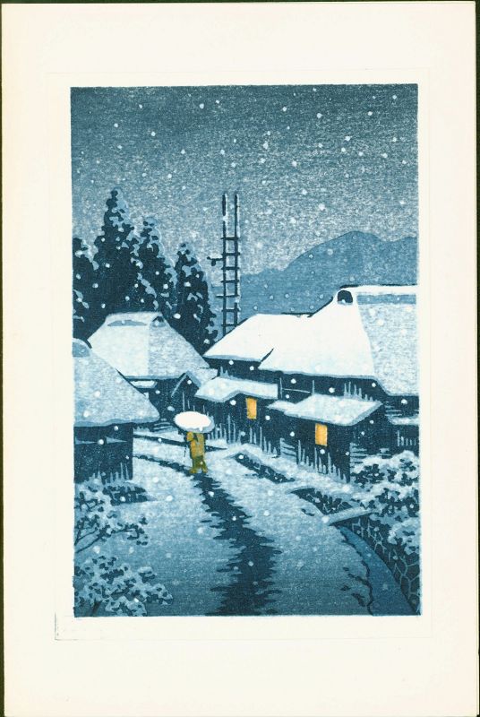 Kawase Hasui Japanese Woodblock Print - Evening Snow at Terajima