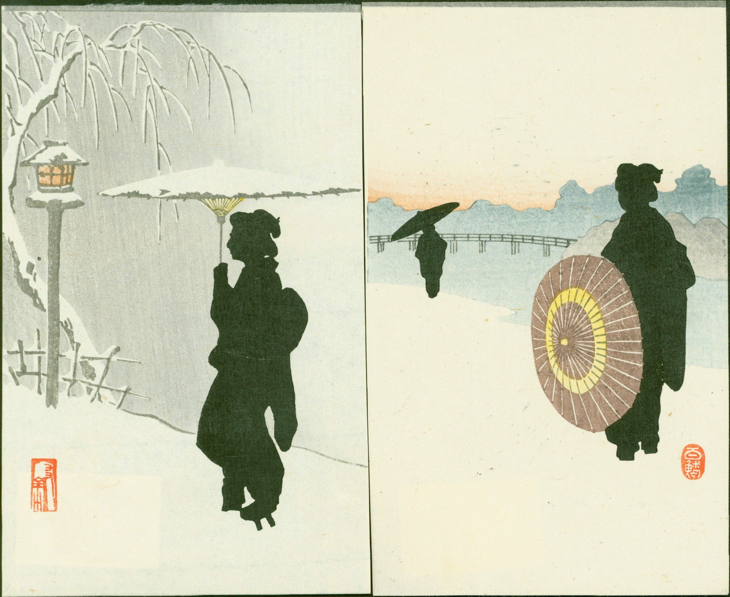 Japanese Woodblock Print Pair- Geisha Silhouettes- 1910 Matsumoto