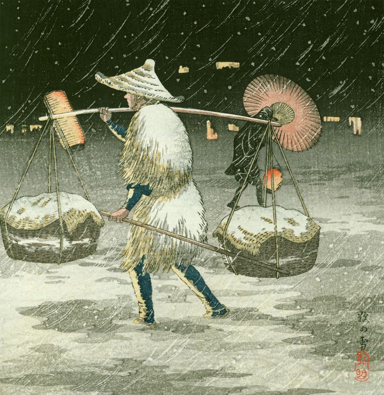 Takahashi Shotei Woodblock Print - Peddler in the Snowy Night