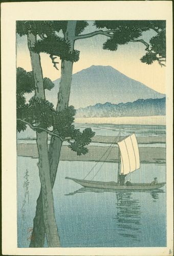 Kawase Hasui Woodblock Print  Mt. Fuji With Sailboat  Kiso River 1930s