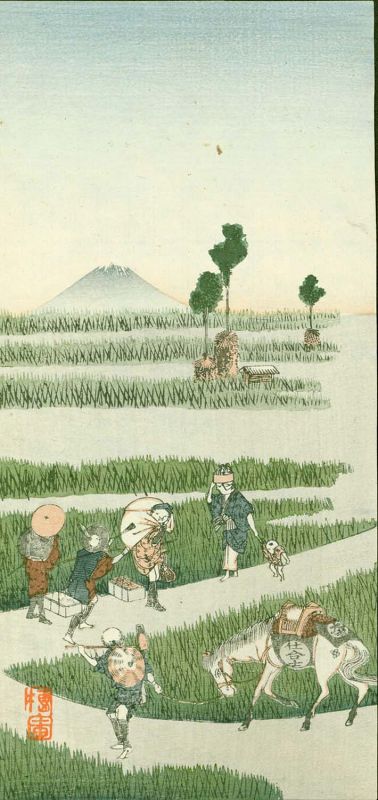 Tani Buncho Japanese Woodblock Print - Country Road Among Ricefields