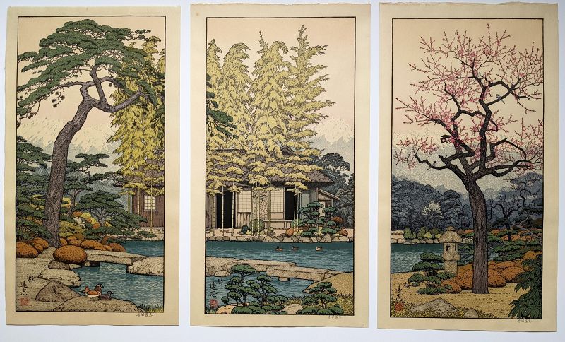 Toshi Yoshida Woodblock Prints - Friendly Garden Triptych SOLD