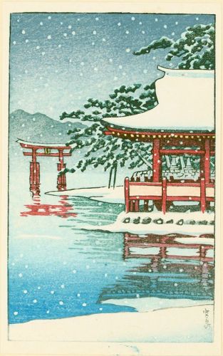 Miyajima Temple in Snow Japanese Woodblock Print